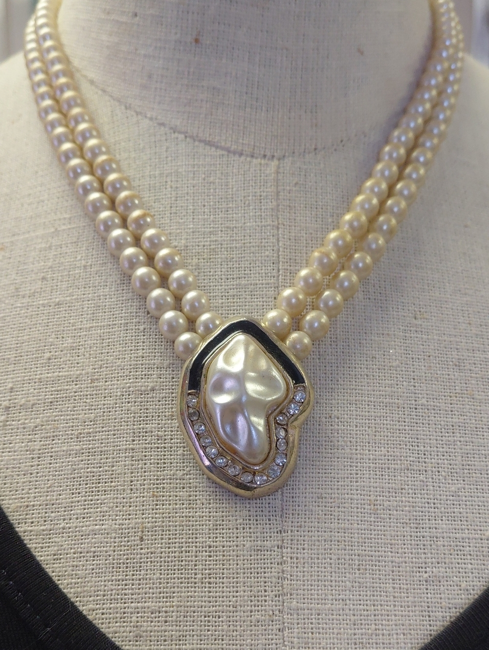 Pompadour Pearl Double Strand 17in Necklace With CZ Accents